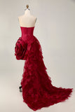 Burgundy Tight Satin Short Cocktail Dress with 3D Flower
