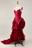 Burgundy Tight Satin Short Cocktail Dress with 3D Flower