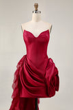 Burgundy Tight Satin Short Cocktail Dress with 3D Flower