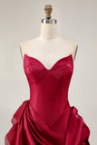 Burgundy Tight Satin Short Cocktail Dress with 3D Flower