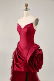 Burgundy Tight Satin Short Cocktail Dress with 3D Flower