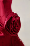 Burgundy Tight Satin Short Cocktail Dress with 3D Flower