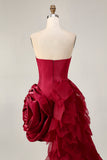 Burgundy Tight Satin Short Cocktail Dress with 3D Flower