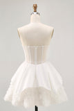 White Strapless Tiered Short Corset Prom Dress with Lace