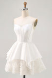 White Strapless Tiered Short Corset Prom Dress with Lace