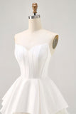 White Strapless Tiered Short Corset Prom Dress with Lace