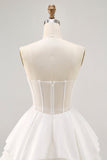 White Strapless Tiered Short Corset Prom Dress with Lace