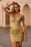 Sparkly Golden Tight Strapless Short Cocktail Dress with Beading
