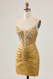Sparkly Golden Tight Strapless Short Cocktail Dress with Beading