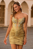 Sparkly Golden Tight Strapless Short Cocktail Dress with Beading
