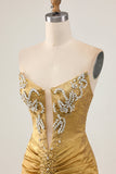 Sparkly Golden Tight Strapless Short Cocktail Dress with Beading