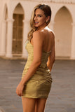 Sparkly Golden Tight Strapless Short Cocktail Dress with Beading