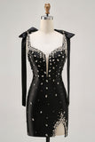 Sparkly Black Satin Rhinestones Tight Short Prom Dress