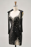 Sparkly Black Satin Rhinestones Tight Short Prom Dress