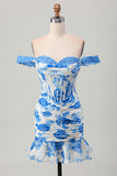 White and Blue Floral Corset Tight Short Prom Dress with Ruffles
