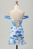 White and Blue Floral Corset Tight Short Prom Dress with Ruffles