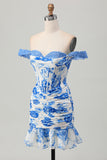 White and Blue Floral Corset Tight Short Prom Dress with Ruffles