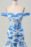 White and Blue Floral Corset Tight Short Prom Dress with Ruffles
