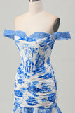 White and Blue Floral Corset Tight Short Prom Dress with Ruffles
