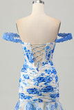 White and Blue Floral Corset Tight Short Prom Dress with Ruffles