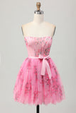 Pink Floral Corset Strapless Short A Line Prom Dress with Bow