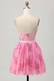 Pink Floral Corset Strapless Short A Line Prom Dress with Bow