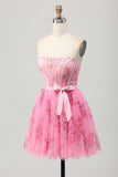 Pink Floral Corset Strapless Short A Line Prom Dress with Bow