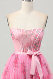 Pink Floral Corset Strapless Short A Line Prom Dress with Bow