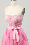 Pink Floral Corset Strapless Short A Line Prom Dress with Bow