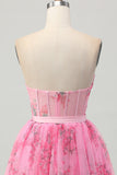 Pink Floral Corset Strapless Short A Line Prom Dress with Bow