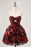 Black and Red Sweetheart Floral Keyhole Short Prom Dress with Ruffles