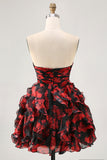 Black and Red Sweetheart Floral Keyhole Short Prom Dress with Ruffles