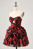 Black and Red Sweetheart Floral Keyhole Short Prom Dress with Ruffles
