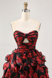 Black and Red Sweetheart Floral Keyhole Short Prom Dress with Ruffles