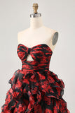 Black and Red Sweetheart Floral Keyhole Short Prom Dress with Ruffles