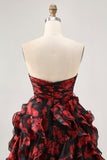 Black and Red Sweetheart Floral Keyhole Short Prom Dress with Ruffles