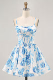 White and Blue Satin Floral A Line Short Corset Prom Dress