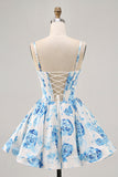 White and Blue Satin Floral A Line Short Corset Prom Dress