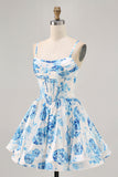 White and Blue Satin Floral A Line Short Corset Prom Dress