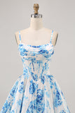 White and Blue Satin Floral A Line Short Corset Prom Dress