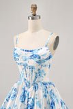 White and Blue Satin Floral A Line Short Corset Prom Dress