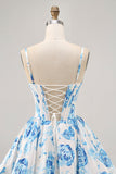 White and Blue Satin Floral A Line Short Corset Prom Dress