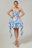 White and Blue Floral Ruched Ruffled Short Cocktail Dress with Pearls