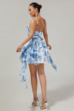 White and Blue Floral Ruched Ruffled Short Cocktail Dress with Pearls