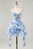 White and Blue Floral Ruched Ruffled Short Cocktail Dress with Pearls