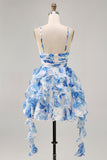 White and Blue Floral Ruched Ruffled Short Cocktail Dress with Pearls