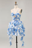 White and Blue Floral Ruched Ruffled Short Cocktail Dress with Pearls