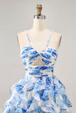 White and Blue Floral Ruched Ruffled Short Cocktail Dress with Pearls