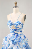 White and Blue Floral Ruched Ruffled Short Cocktail Dress with Pearls