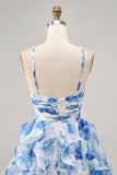 White and Blue Floral Ruched Ruffled Short Cocktail Dress with Pearls